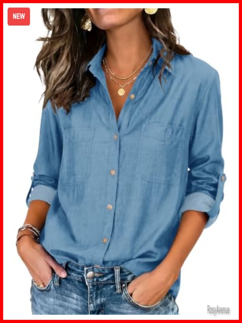 LOMON Shimmering Denim-Like Button Down Shirt Long Sleeve Dressy Casual Blouse